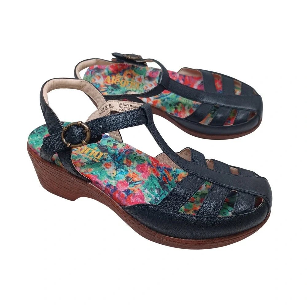 Alegria PG Lite Black Leather T-Strap Wedge Sandals SUM-50139 Floral Size 39 8.5
